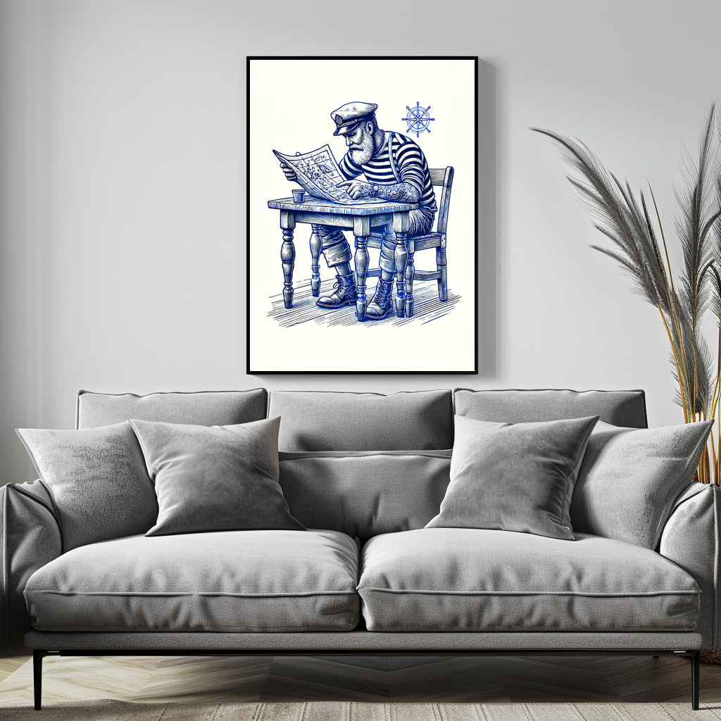 Poster: Vintage Illustration of a Sailor Reading a Newspaper at the Table - Image 3
