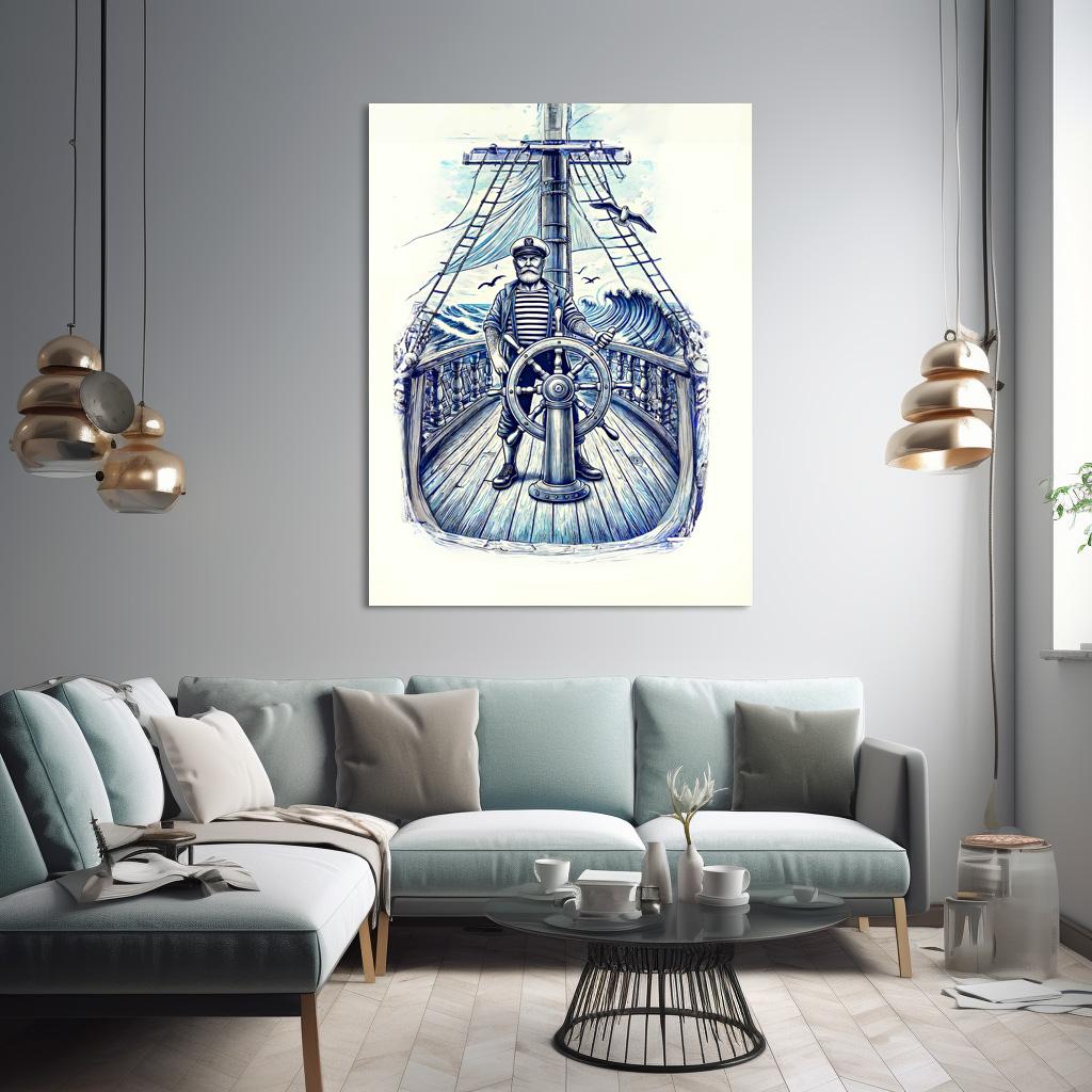 Poster: Vintage Illustration of a Sailor at the Helm of a Sailing Ship