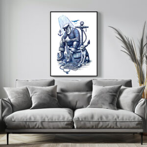 Poster: Vintage Sailor Mending Fishing Net with Dog