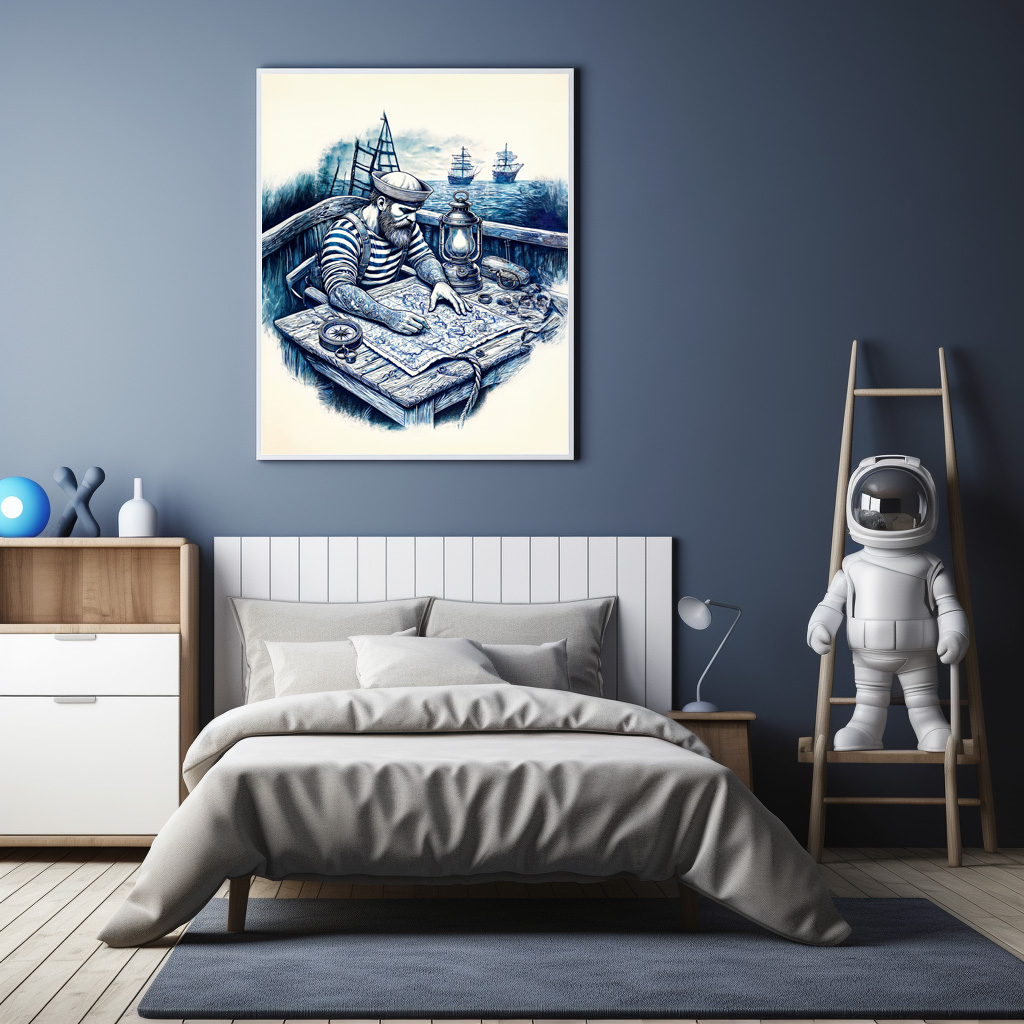 Poster: Vintage Illustration of a Sailor Reading a Nautical Map on the Ship’s Deck - Imagen 2
