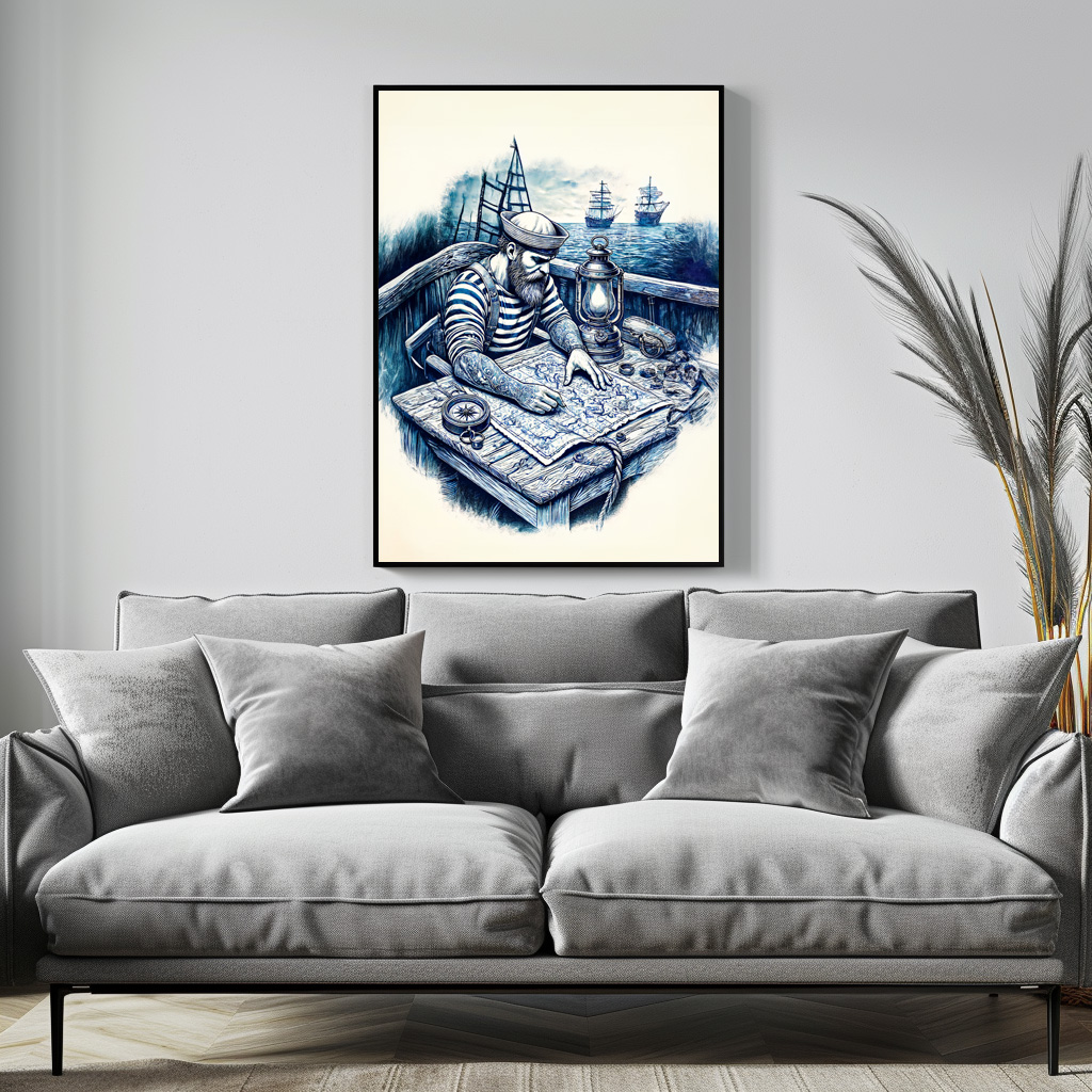 Poster: Vintage Illustration of a Sailor Reading a Nautical Map on the Ship’s Deck
