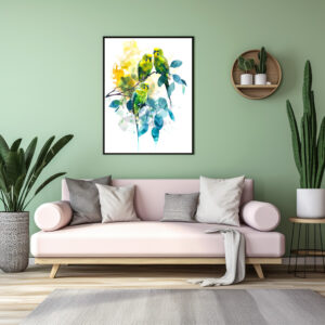 Poster: Watercolor Budgerigars in Eucalyptus Tree