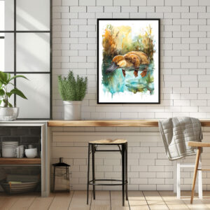Poster: Watercolor Platypus Swimming in Pond