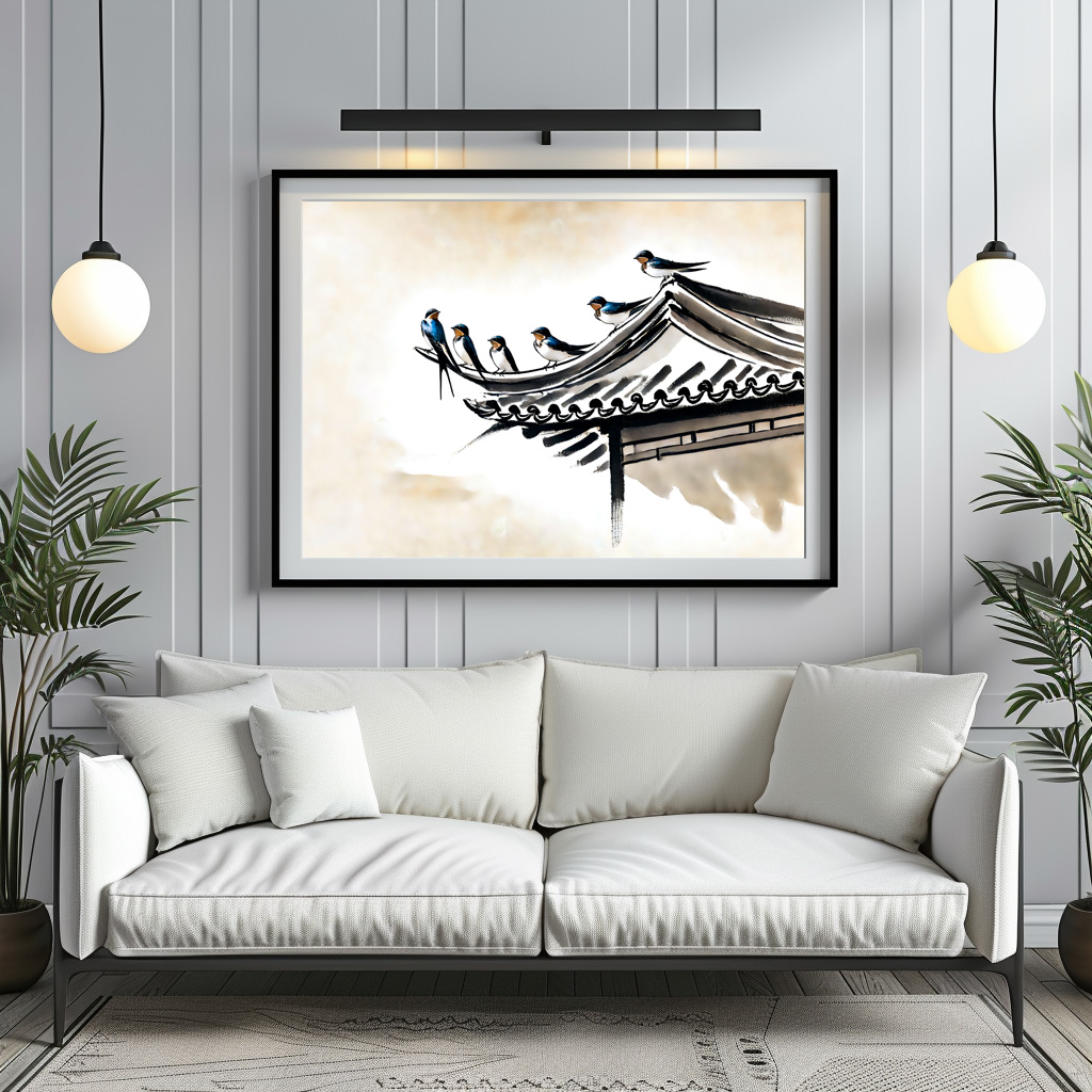 Poster: Swallows Resting on the Roof of a Chinese Temple in Ink Painting – Bild 2