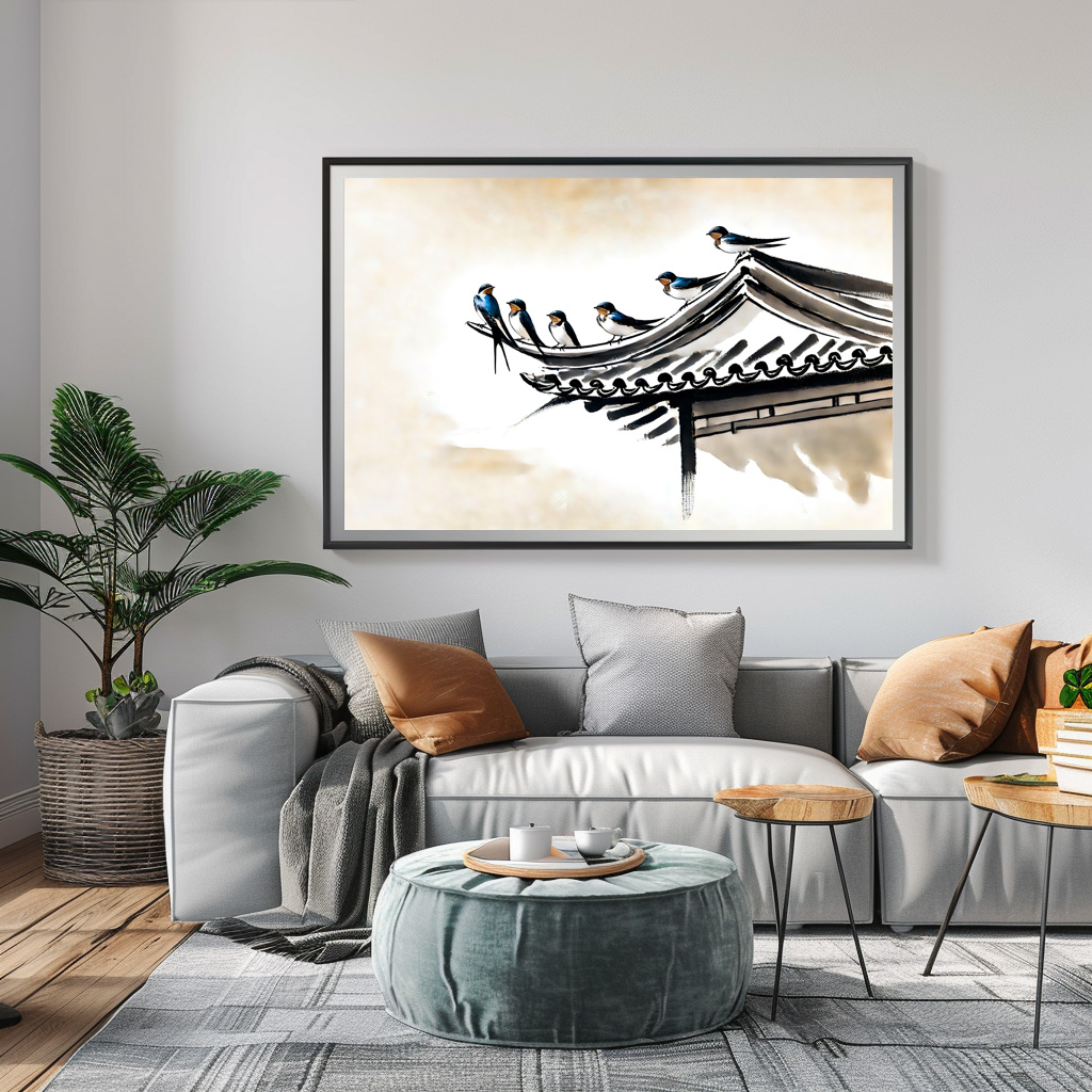 Poster: Swallows Resting on the Roof of a Chinese Temple in Ink Painting – Bild 3