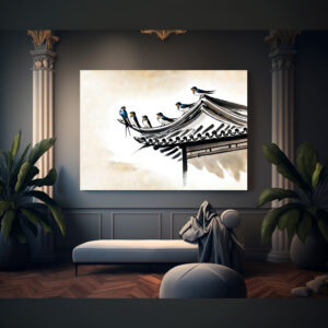 Poster: Swallows Resting on the Roof of a Chinese Temple in Ink Painting