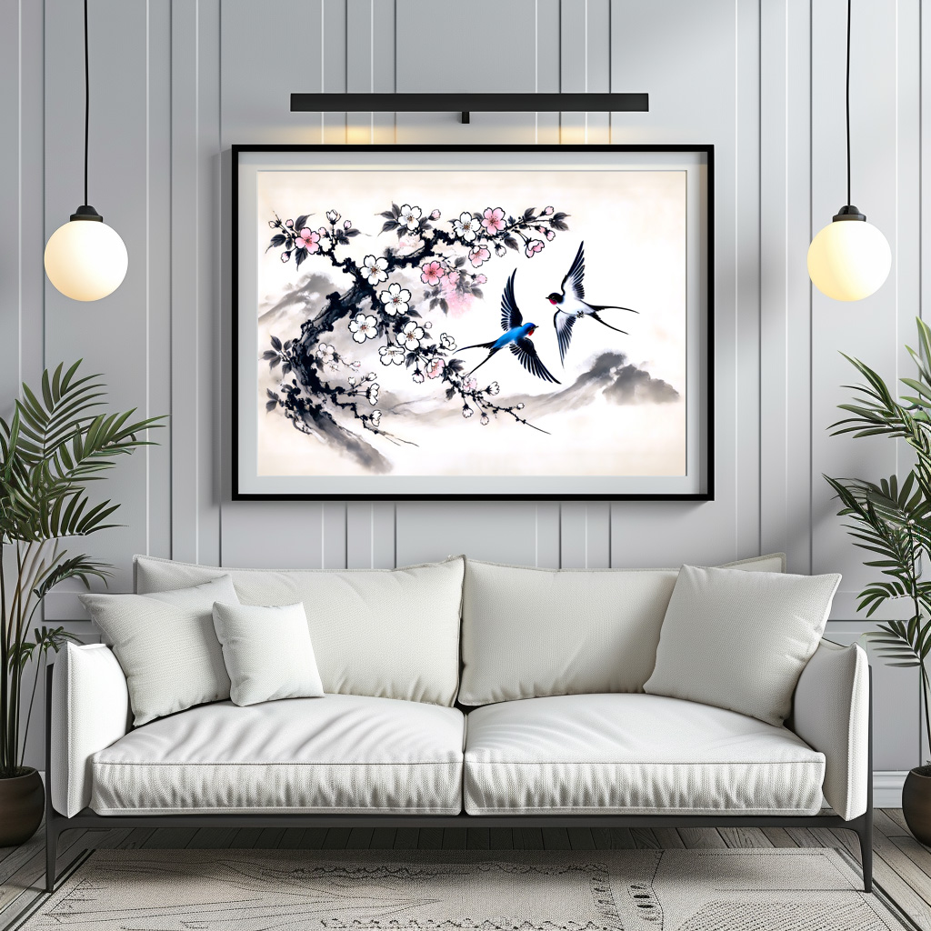Poster: Swallows Soaring Through the Sky in Chinese Ink Painting – Bild 2