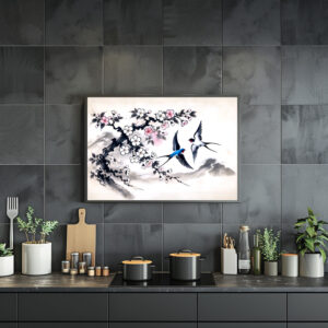 Poster: Swallows Soaring Through the Sky in Chinese Ink Painting