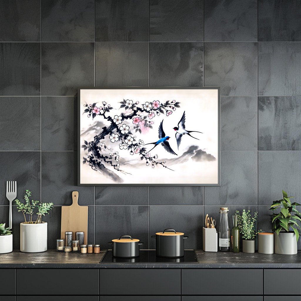 Poster: Swallows Soaring Through the Sky in Chinese Ink Painting