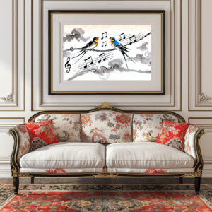 Poster: Two Swallows Singing on a Power Line in Chinese Ink Painting