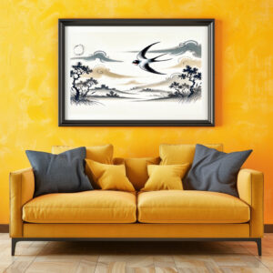 Poster: Group of Swallows Soaring Through the Sky in Chinese Ink Painting