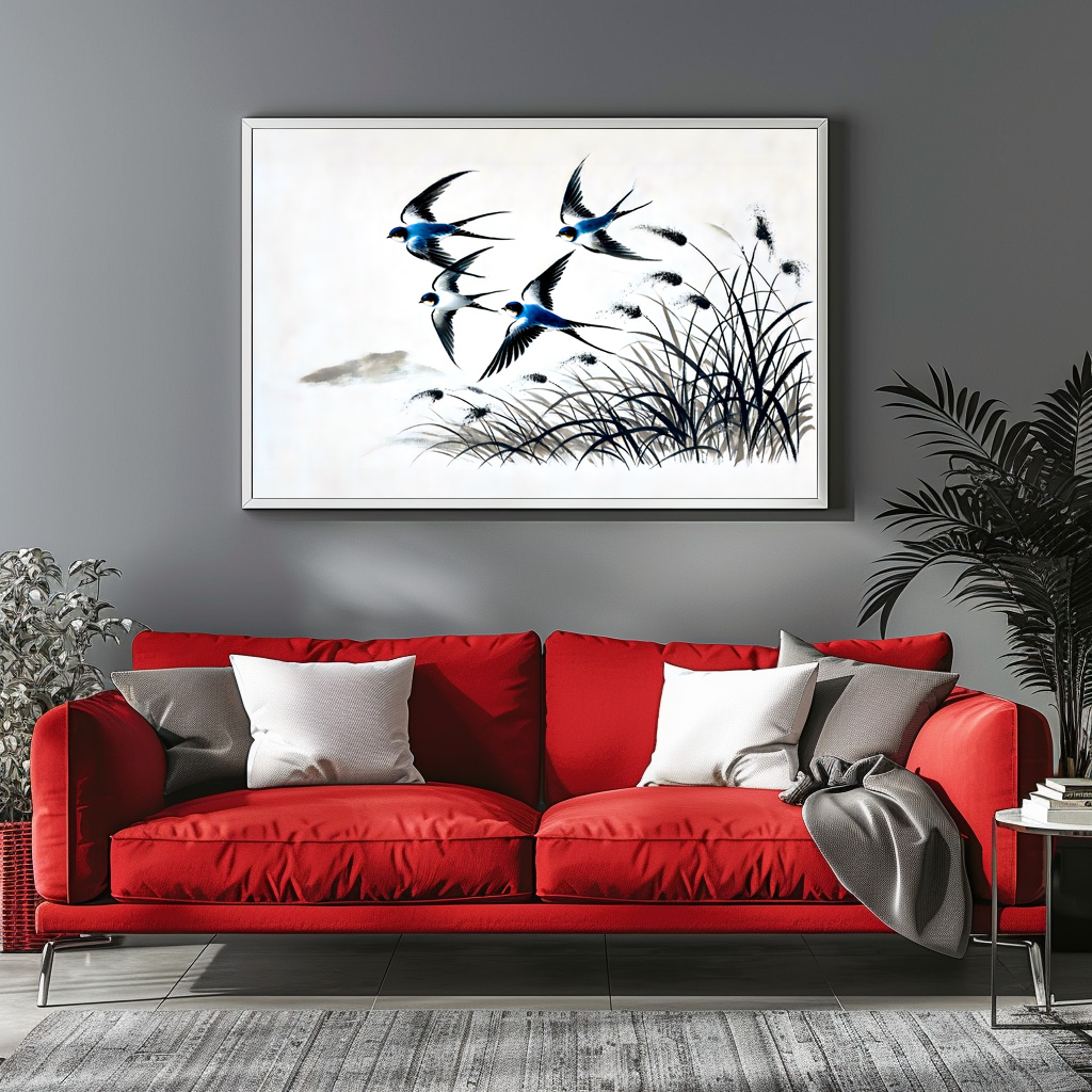 Poster: Group of Swallows Soaring Through the Sky in Chinese Ink Painting