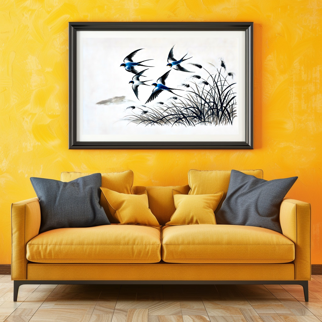 Poster: Group of Swallows Soaring Through the Sky in Chinese Ink Painting - immagine 3