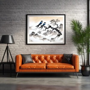 Poster: Swallows Perched on a Branch in Chinese Ink Painting