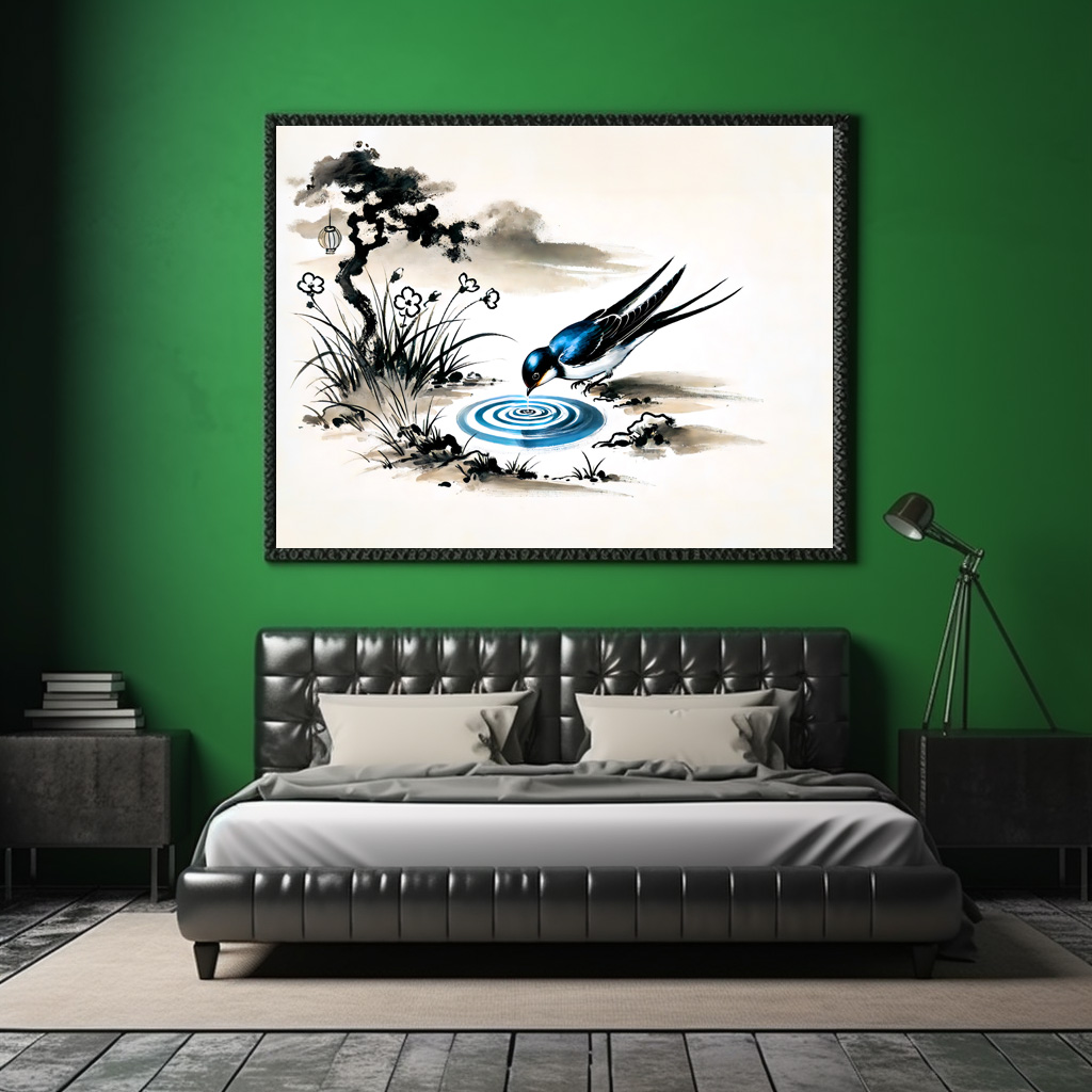 Poster: Swallow Drinking Water in a Stream in Chinese Ink Painting - Image 2