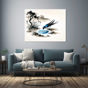 Poster: Swallow Drinking Water in a Stream in Chinese Ink Painting