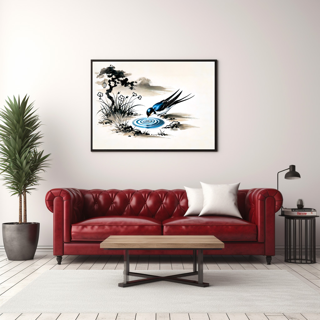 Poster: Swallow Drinking Water in a Stream in Chinese Ink Painting - Image 3