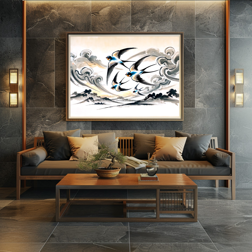 Poster: Swallows Soaring Through the Sky in Chinese Ink Painting - Image 2