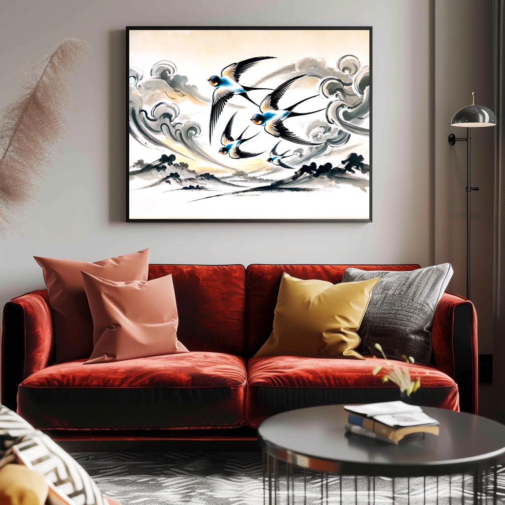 Poster: Swallows Soaring Through the Sky in Chinese Ink Painting - Image 3