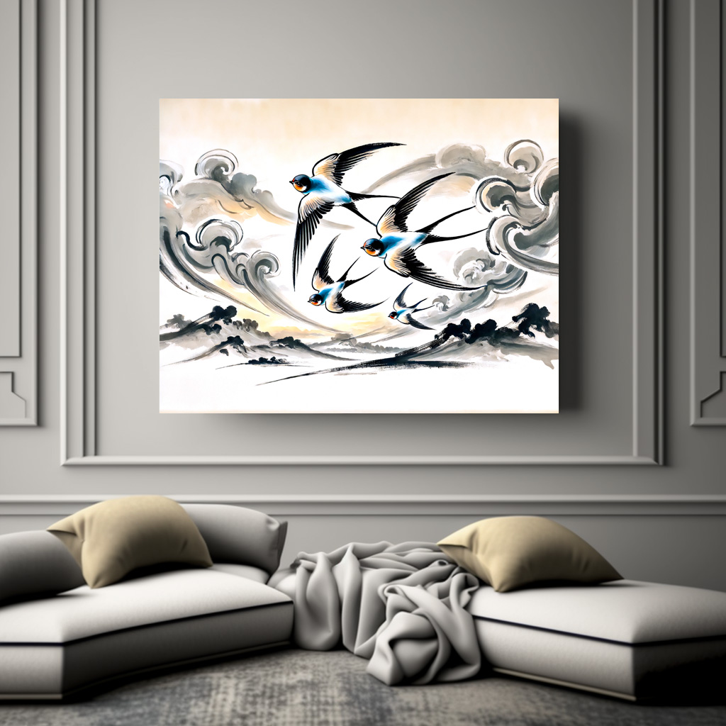 Poster: Swallows Soaring Through the Sky in Chinese Ink Painting