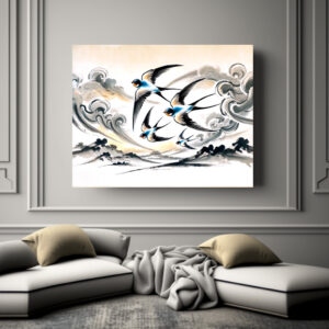 Poster: Swallows Soaring Through the Sky in Chinese Ink Painting
