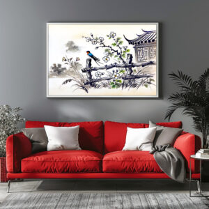 Poster: Swallow Perched on a Fence in Chinese Ink Painting