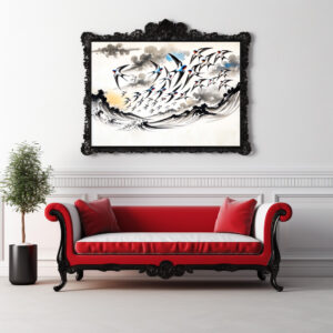 Poster: Swallows Soaring Through the Sky in Chinese Ink Painting