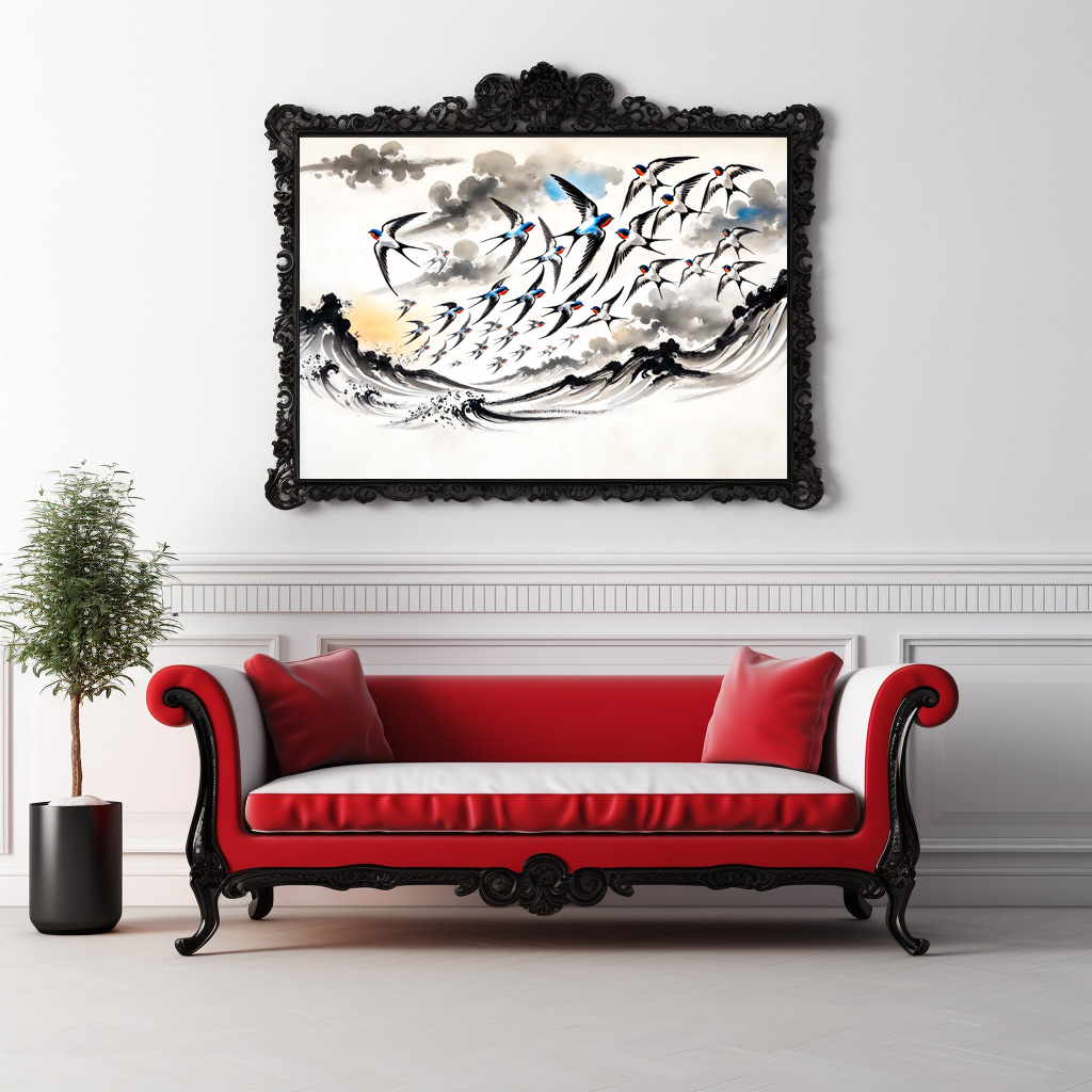 Poster: Swallows Soaring Through the Sky in Chinese Ink Painting