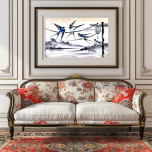 Poster: Group of Swallows Gathering on a Power Line in Chinese Ink Painting