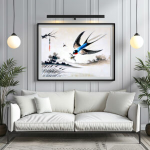 Poster: Swallow Catching an Insect in Mid-Air in Chinese Ink Painting