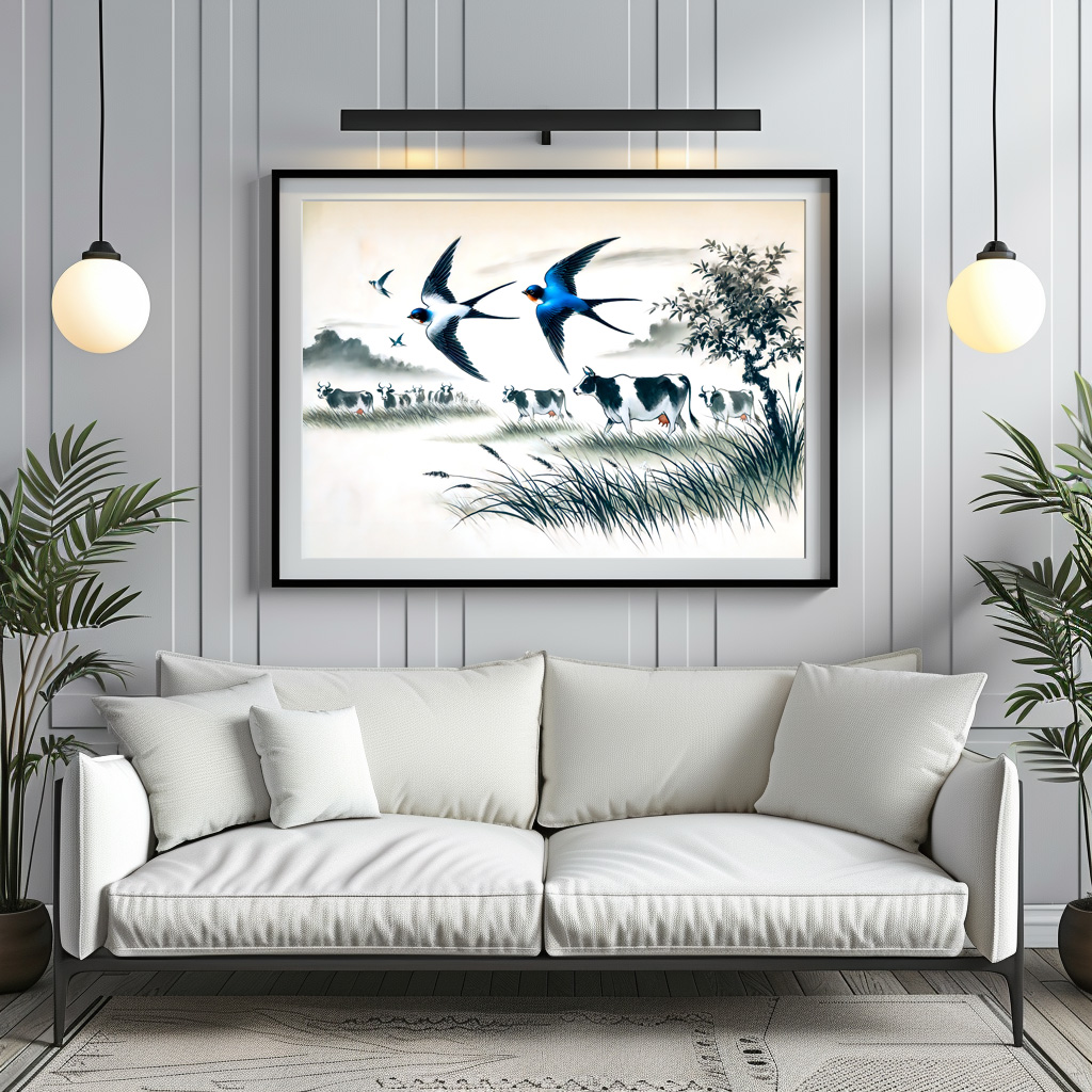 Poster: Swallows Flying Over a Cattle Field in Chinese Ink Painting - Imagen 2