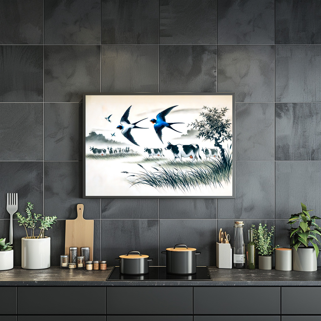 Poster: Swallows Flying Over a Cattle Field in Chinese Ink Painting