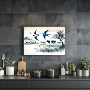 Poster: Swallows Flying Over a Cattle Field in Chinese Ink Painting