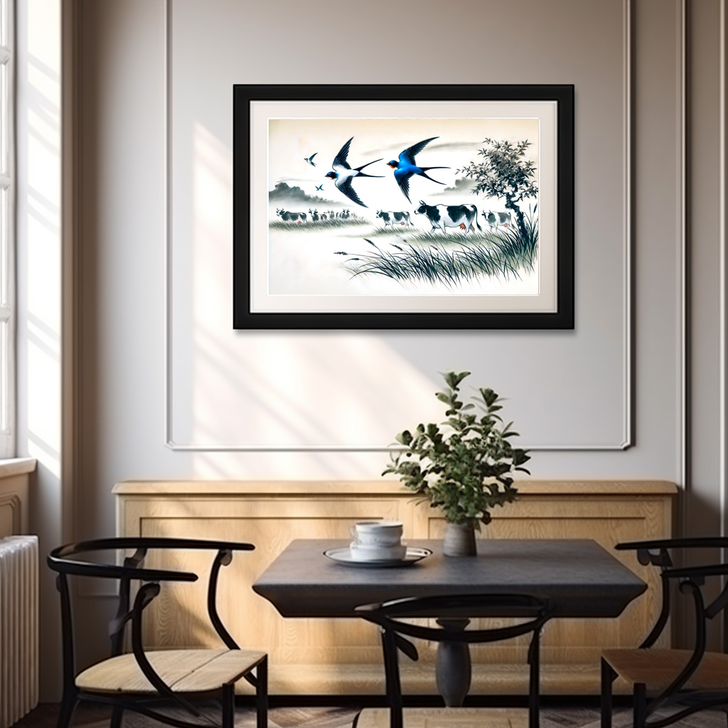 Poster: Swallows Flying Over a Cattle Field in Chinese Ink Painting - Imagen 3