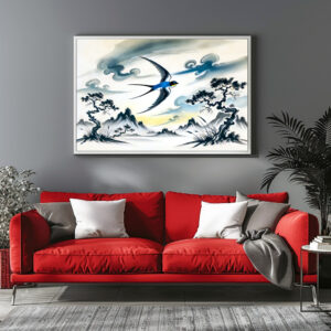 Poster: Swallow Soaring Through the Sky in Chinese Ink Painting