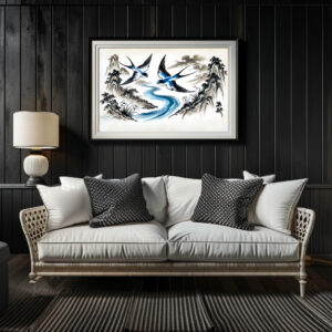 Poster: Swallows Soaring Through the Sky in Chinese Ink Painting