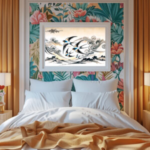 Poster: Swallows Soaring Through the Sky in Chinese Ink Painting