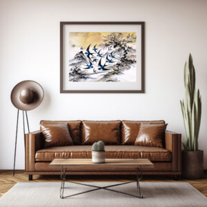 Poster: Swallows Soaring Through the Sky in Chinese Ink Painting