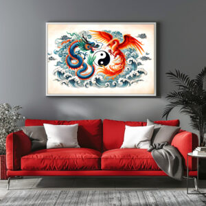 Poster: Yin and Yang Dragon and Phoenix in Asian Art Style