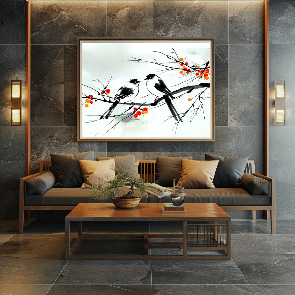 Poster: Two Birds Perched on a Branch ink art
