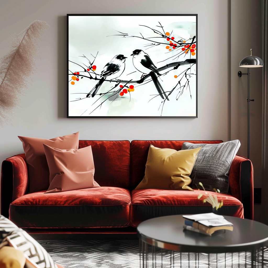 Poster: Two Birds Perched on a Branch ink art – Bild 2