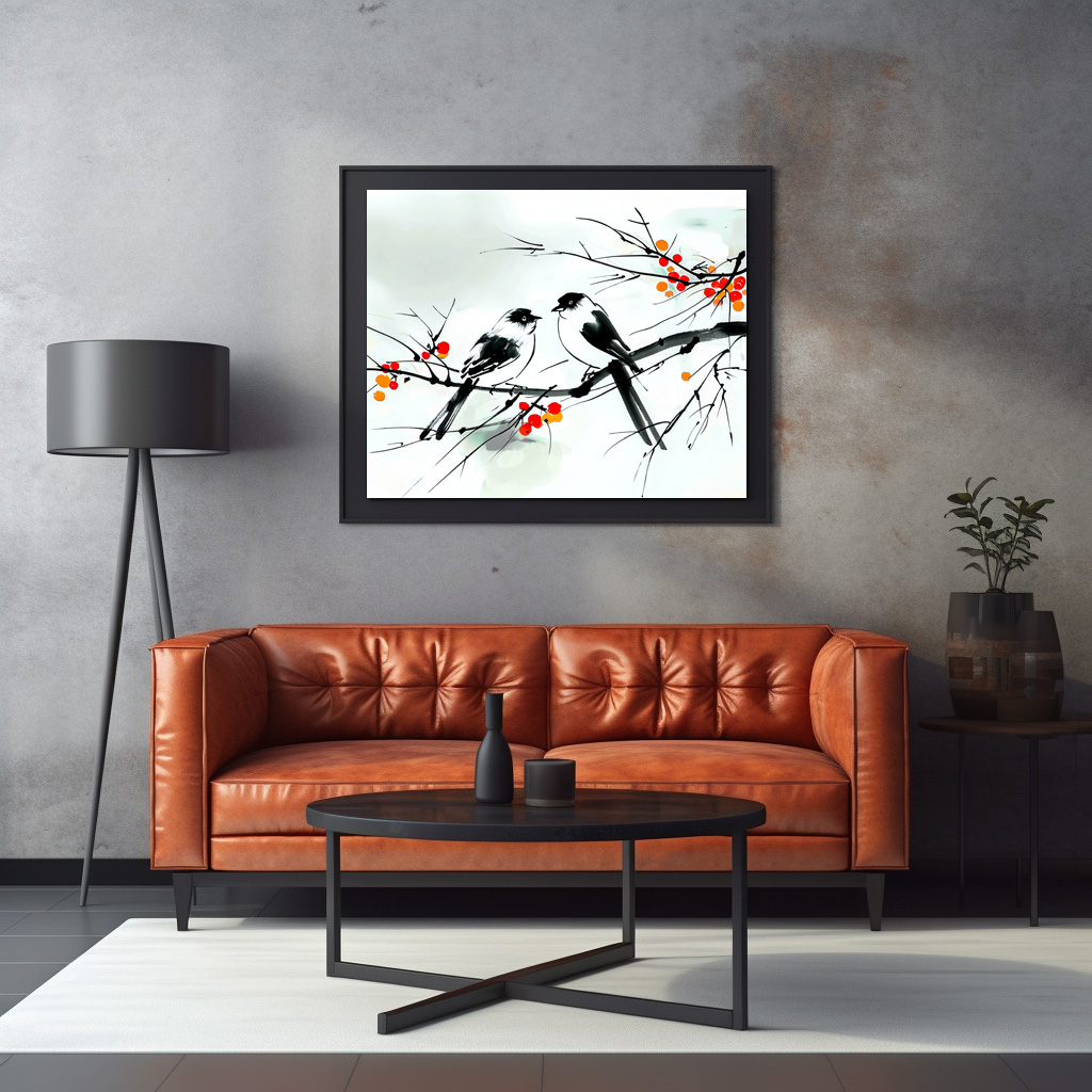 Poster: Two Birds Perched on a Branch ink art – Bild 3