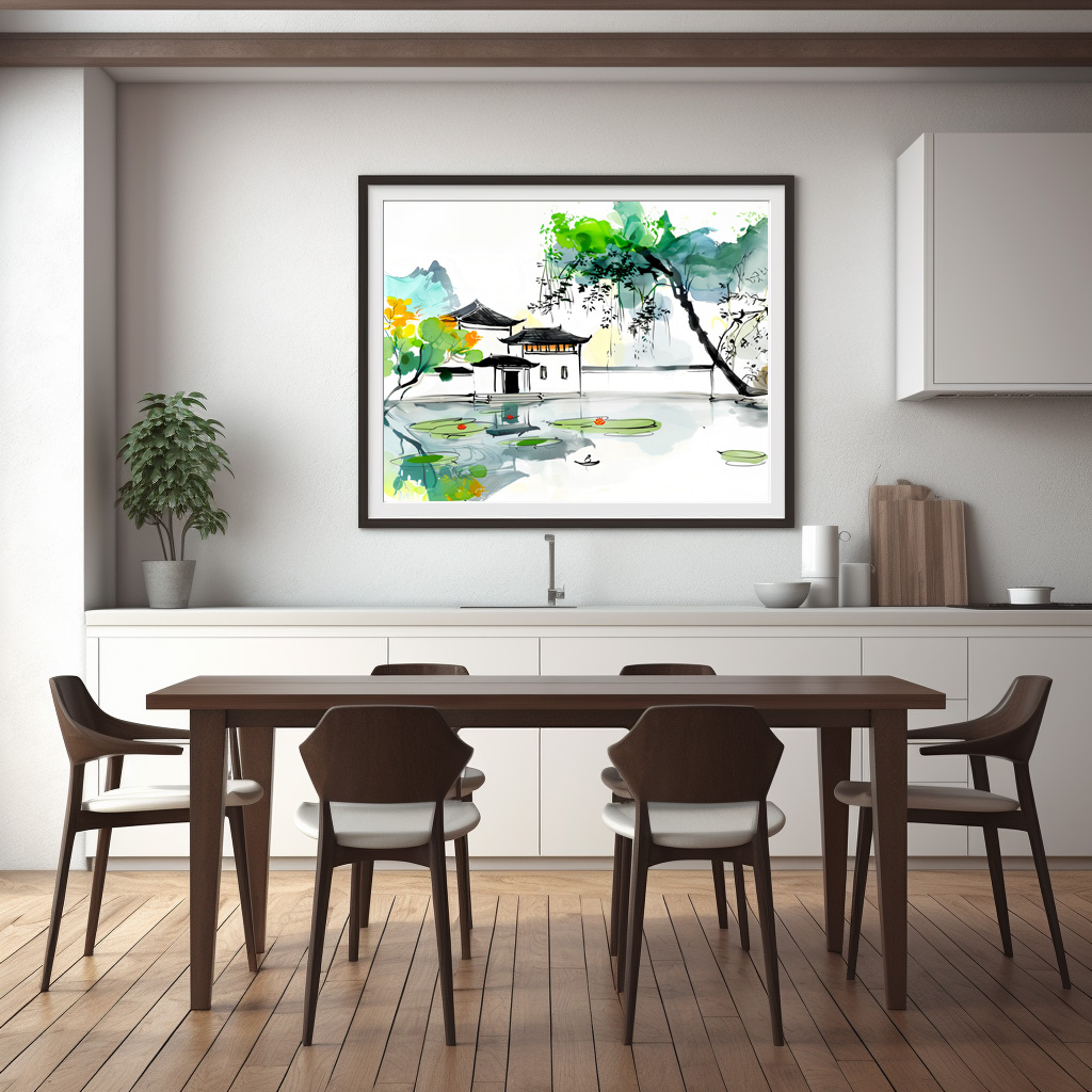 Poster: Chinese Temple by a Lotus Pond