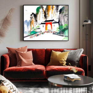 Poster: Temple with People in Mountainous Landscape