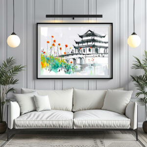 Poster: Chinese Temple by a Flowering Pond