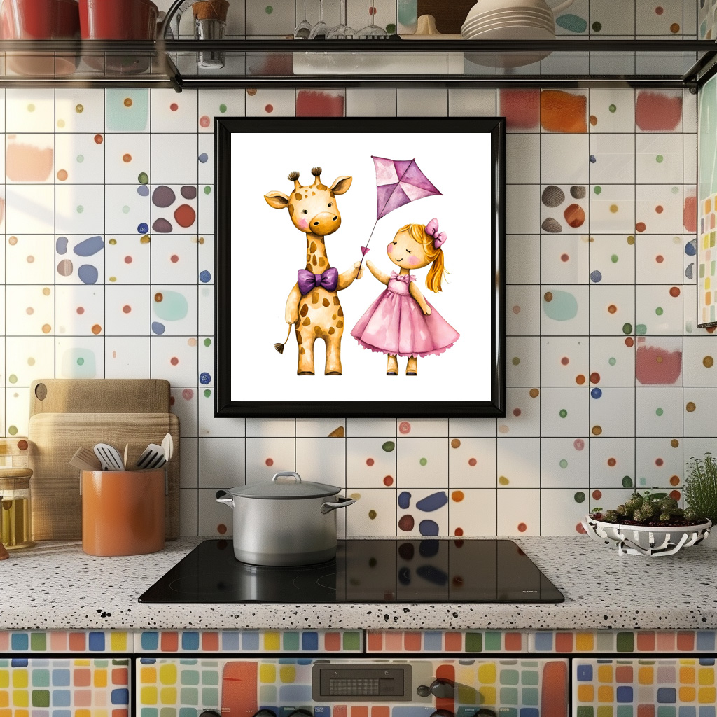 Poster: Watercolor Illustration of Giraffe and Girl Flying Kite - Image 2