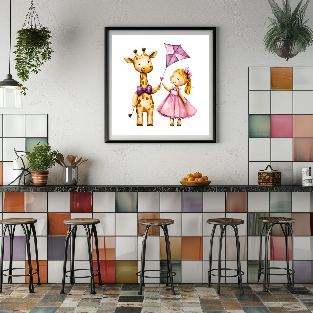 Poster: Watercolor Illustration of Giraffe and Girl Flying Kite - Image 3