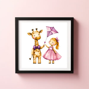 Poster: Watercolor Illustration of Giraffe and Girl Flying Kite