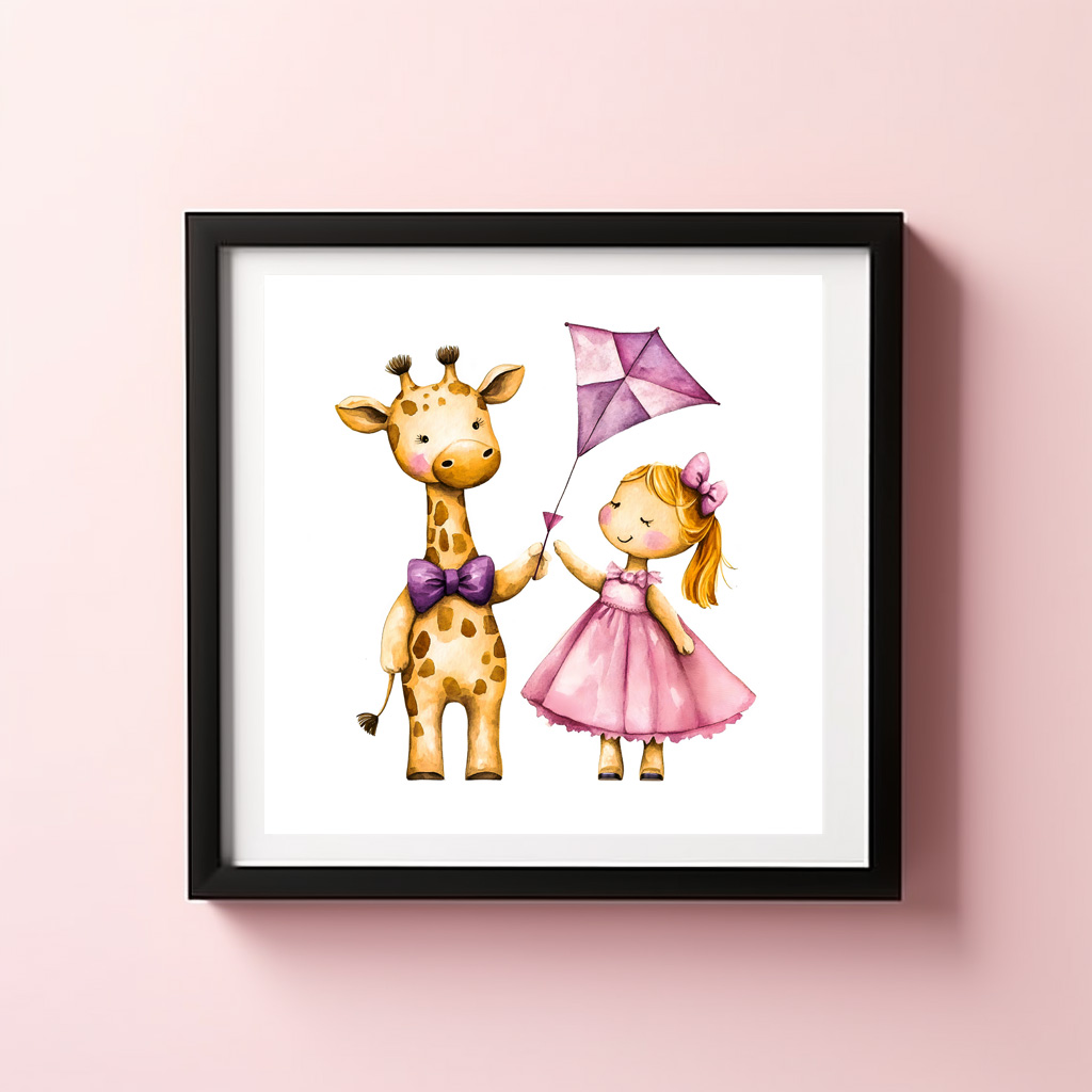 Poster: Watercolor Illustration of Giraffe and Girl Flying Kite
