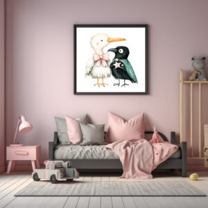 Poster: Watercolor Illustration of Seagull and Crow